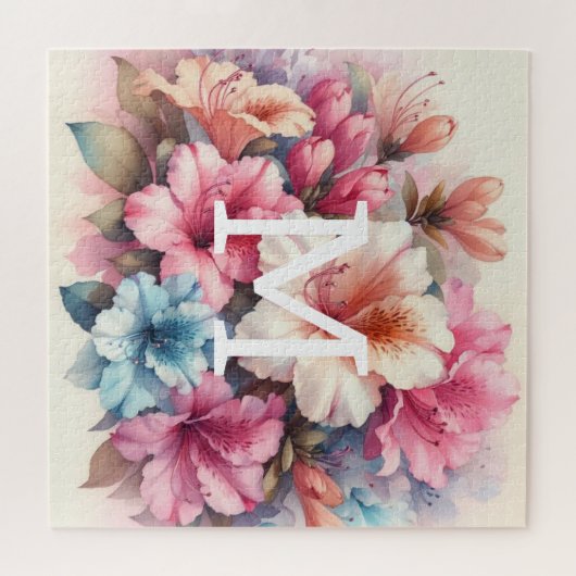 Bloemen waterverf monogram roze blauw azalea's legpuzzel (Horizontaal)