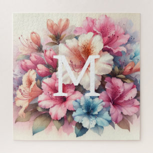 Bloemen waterverf monogram roze blauw azalea's legpuzzel