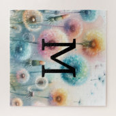 Bloemen waterverf monogram roze blauw paardenbloem legpuzzel (Horizontaal)