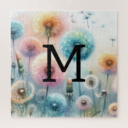 Bloemen waterverf monogram roze blauw paardenbloem legpuzzel (Verticaal)