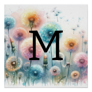 Bloemen waterverf monogram roze blauw paardenbloem perfect poster