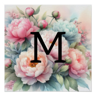 Bloemen waterverf monogram roze blauw pioenen perfect poster