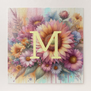 Bloemen waterverf monogram roze geel zonnebloem legpuzzel