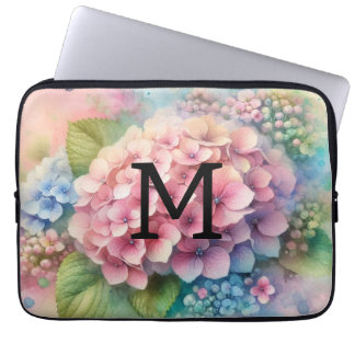 Bloemen waterverf monogram roze hortensia laptop sleeve