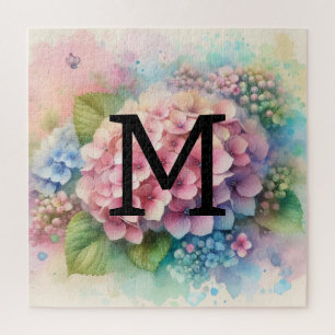 Bloemen waterverf monogram roze hortensia legpuzzel