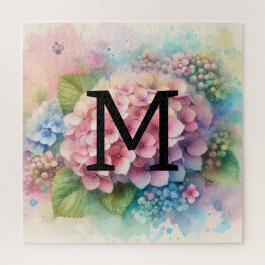 Bloemen waterverf monogram roze hortensia legpuzzel (Verticaal)