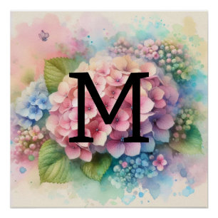 Bloemen waterverf monogram roze hortensia perfect poster