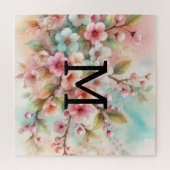 Bloemen waterverf monogram roze kersenbloesems legpuzzel (Horizontaal)