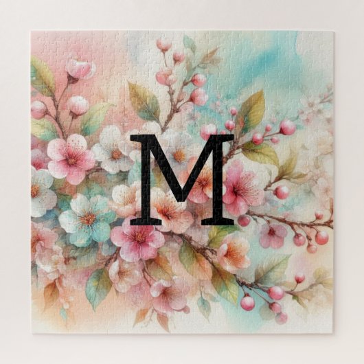Bloemen waterverf monogram roze kersenbloesems legpuzzel (Verticaal)