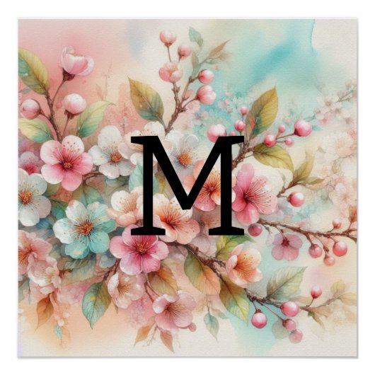 Bloemen waterverf monogram roze kersenbloesems perfect poster (Voorkant)