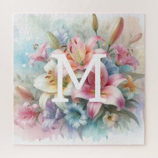 Bloemen waterverf monogram roze lelies legpuzzel