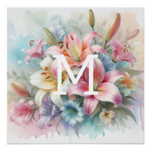 Bloemen waterverf monogram roze lelies perfect poster