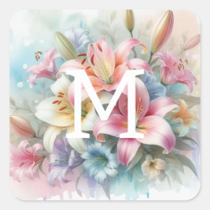 Bloemen waterverf monogram roze lelies vierkante sticker