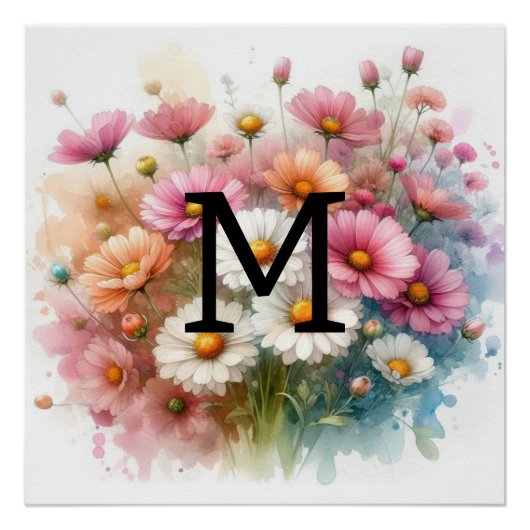 Bloemen waterverf monogram roze madeliefjes perfect poster (Voorkant)