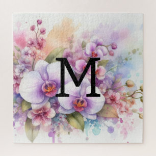 Bloemen waterverf monogram roze orchidee bloemen legpuzzel