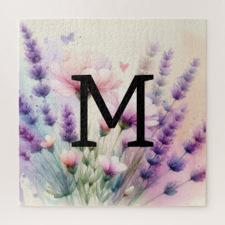 Bloemen waterverf monogram roze paarse lavendel legpuzzel
