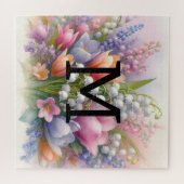 Bloemen waterverf monogram roze paarse tulpen legpuzzel (Horizontaal)