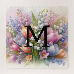 Bloemen waterverf monogram roze paarse tulpen legpuzzel