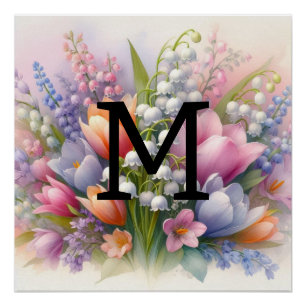 Bloemen waterverf monogram roze paarse tulpen perfect poster