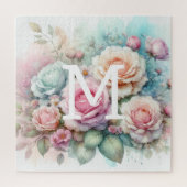 Bloemen waterverf monogram roze rozen bloemen legpuzzel (Verticaal)