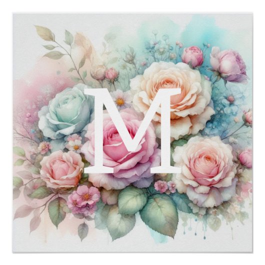 Bloemen waterverf monogram roze rozen bloemen perfect poster (Voorkant)