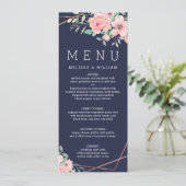 Bloemen Waterverf Navy bruiloft Menu (Staand voorkant)