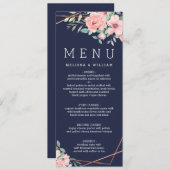 Bloemen Waterverf Navy bruiloft Menu (Voorkant / Achterkant)