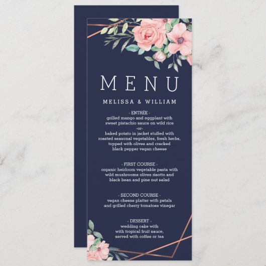 Bloemen Waterverf Navy bruiloft Menu (Voorkant / Achterkant)