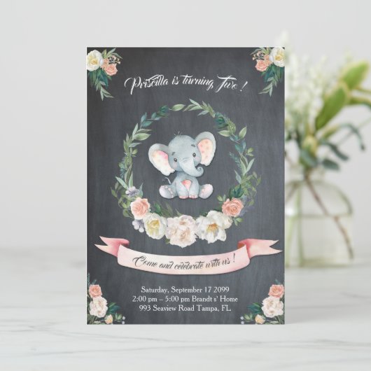 Bloemen waterverf Olifant Uitnodiging, Baby 2e Kaart (Staand voorkant)