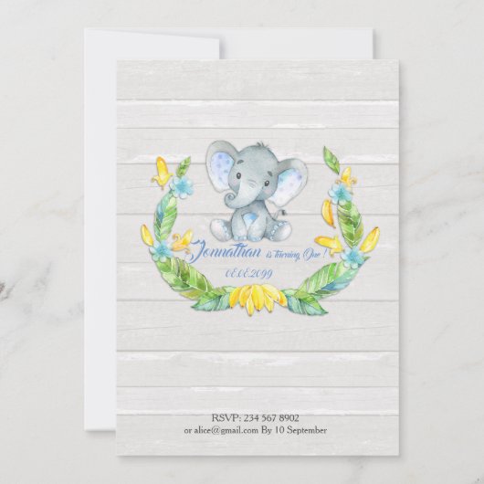 Bloemen waterverf Olifant Uitnodiging, Baby Boy 1s Kaart (Achterkant)
