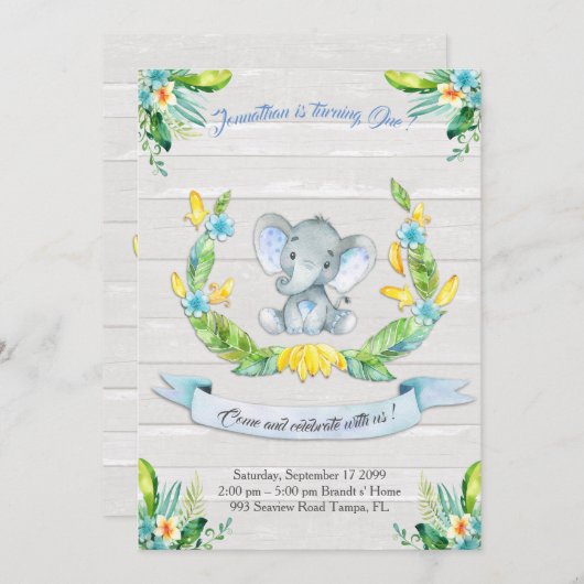 Bloemen waterverf Olifant Uitnodiging, Baby Boy 1s Kaart (Voorkant / Achterkant)
