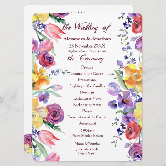 Bloemen Waterverf op White Flat Wedding Program Programmakaart (Voorkant / Achterkant)