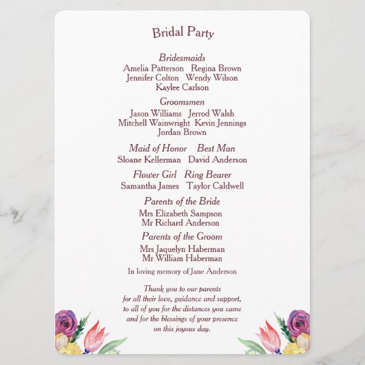 Bloemen Waterverf op White Flat Wedding Program Programmakaart (Achterkant)