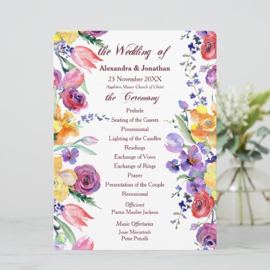 Bloemen Waterverf op White Flat Wedding Program Programmakaart (Staand voorkant)