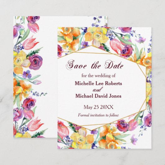 Bloemen Waterverf op wit Save the Date Aankondiging (Voorkant / Achterkant)