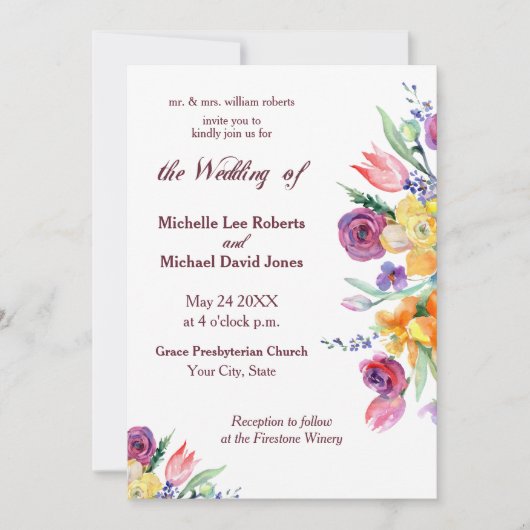 Bloemen Waterverf op witte bruiloft uitnodiging (Voorkant)