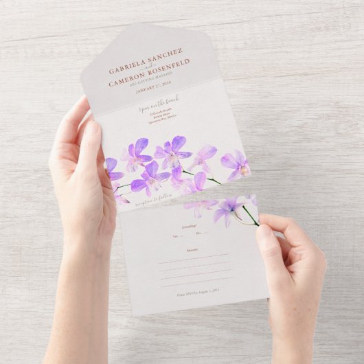 Bloemen Waterverf Orchideeën Terracotta Bruiloft All In One Uitnodiging (Afscheurbaar)