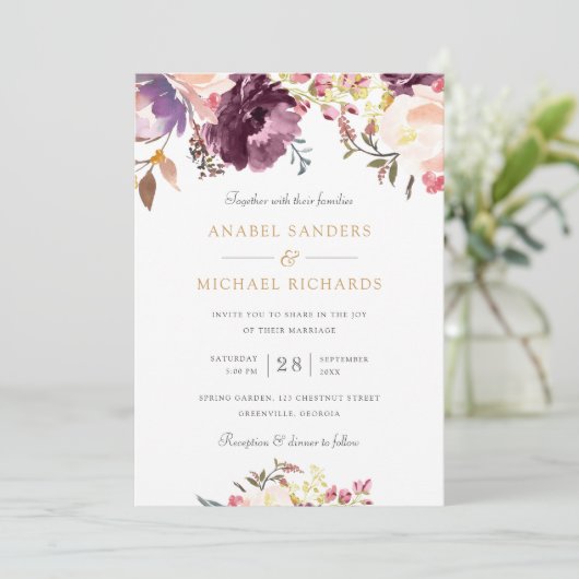 Bloemen Waterverf Paarse Lavendel Elegant Bruiloft Kaart (Staand voorkant)