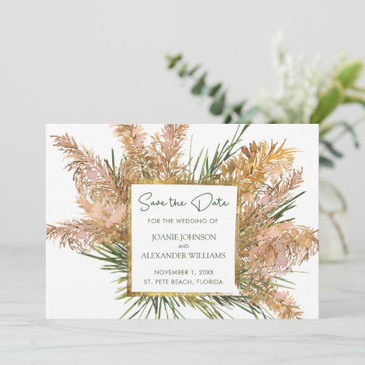 Bloemen Waterverf Pampas Grass Bruiloft Save The Date (Staand voorkant)