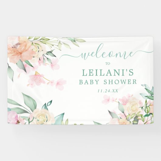 Bloemen Waterverf Pastel krans Oh Baby Welkom Spandoek (Horizontaal)