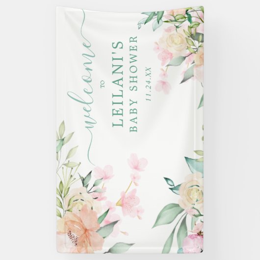 Bloemen Waterverf Pastel krans Oh Baby Welkom Spandoek (Verticaal)