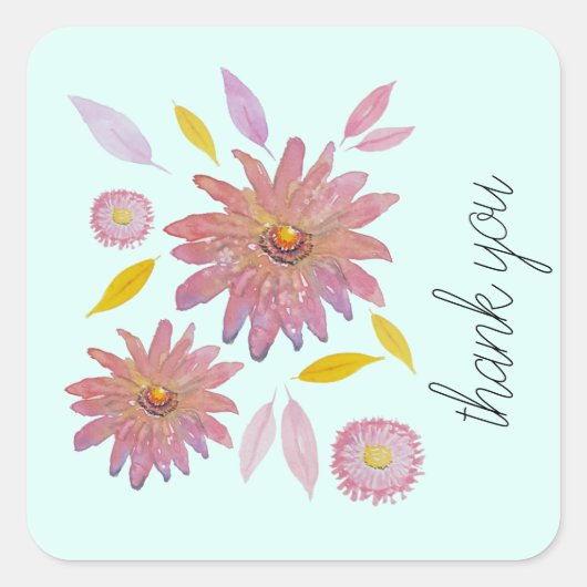 Bloemen Waterverf Patroon op Mint Vierkante Sticker (Voorkant)