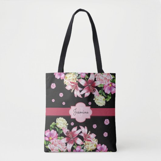 Bloemen Waterverf Peony Lily Gepersonaliseerd Zwar Tote Bag (Voorkant)