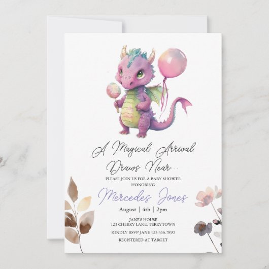 Bloemen Waterverf Pink Dragon Baby shower Kaart (Voorkant)
