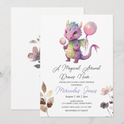 Bloemen Waterverf Pink Dragon Baby shower Kaart (Voorkant / Achterkant)