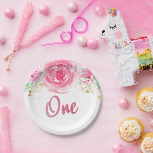 Bloemen Waterverf pioenen op een eerste verjaardag Papieren Bordje (Feest)