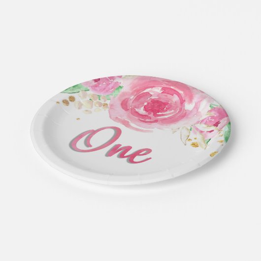 Bloemen Waterverf pioenen op een eerste verjaardag Papieren Bordje (Gekanteld)