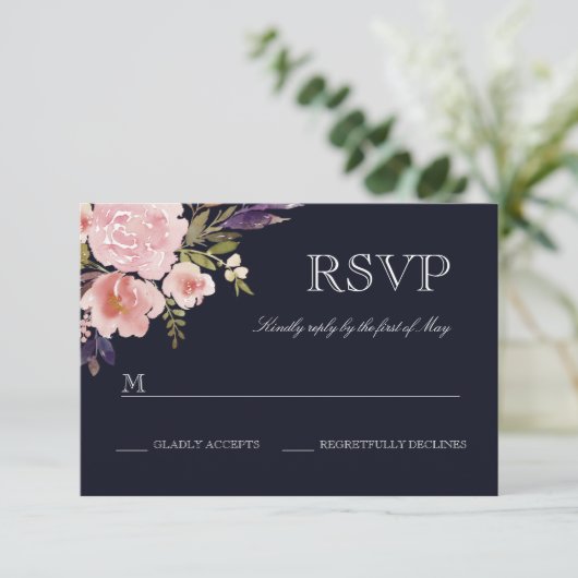 Bloemen Waterverf Pioenroze Navy RSVP (Staand voorkant)