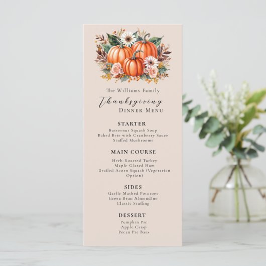 Bloemen Waterverf Pompoen Elegante Thanksgiving Menu (Staand voorkant)