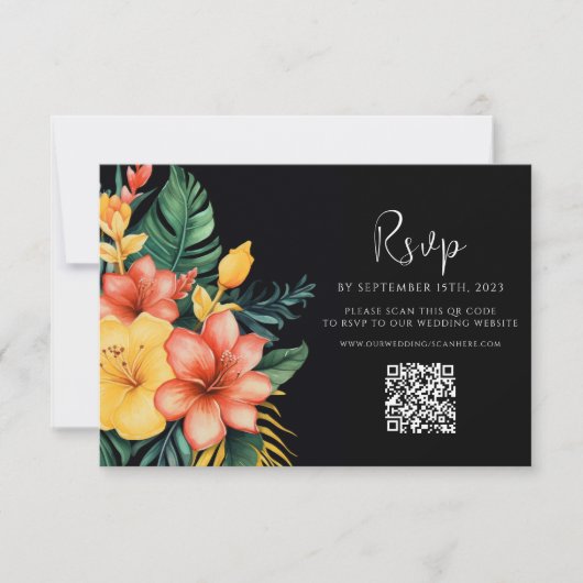 Bloemen Waterverf QR Code Tropische bruiloft RSVP Kaartje (Voorkant)
